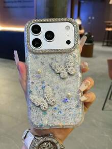 Pearl 3D Pearl Butterfly Apple 16 ProMax Phone Case, Elegant Lady Style 15 Pro High-End Rhinestone Mirror Frame 14 Plus Transparent Epoxy Women - White - View 8
