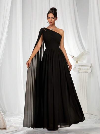 VIPGIRL Đầm dạ hội đen sang trọng, bất đối xứng - Chất liệu chiffon mềm mại, xếp ly và phần ngực rủ | Phù hợp cho các bữa tối trang trọng, dự tiệc cưới, sự kiện thảm đỏ và các buổi tiệc kỷ niệm mùa xuân đặc biệt.