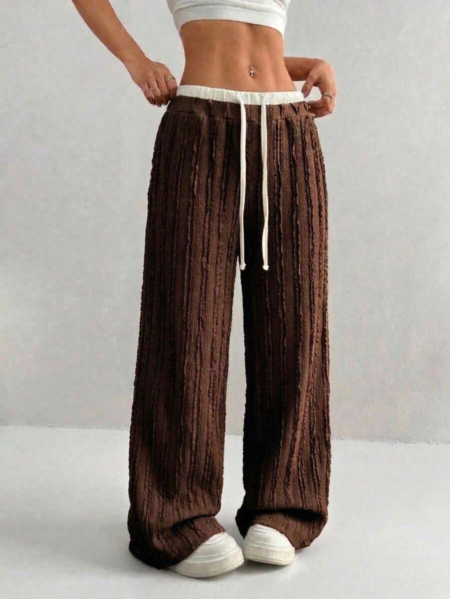 High Waist Contrast Color-Block Wide Leg Pants - Textured Drawstring Casual Trousers - Brown - View 1