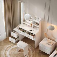 4-In-1 Vanity Table / Luxurious Style Vanity Table / With Full-Length Mirror And Rotating Table Mirror / Includes Vanity Stool / Suitable For Bedroom, Living Room And Other Rooms, White - White - View 2