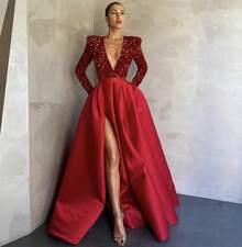 Women's Sexy Long-Sleeve Sequin V-Neck Flared Sequin Slit Long Evening Dress - 紅色 - 查看 11