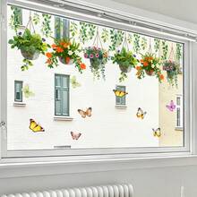 1pc Self-Adhesive Removable Window Cling, For Glass Doors, Windows - Colorful Hanging Basket With Flower & Butterfly Design, Self-Adhesive Removable PVC Sticlers, For Home Living Room Bedroom Kitchen Room Window Glass Decor, Flowers Design - A - View 1
