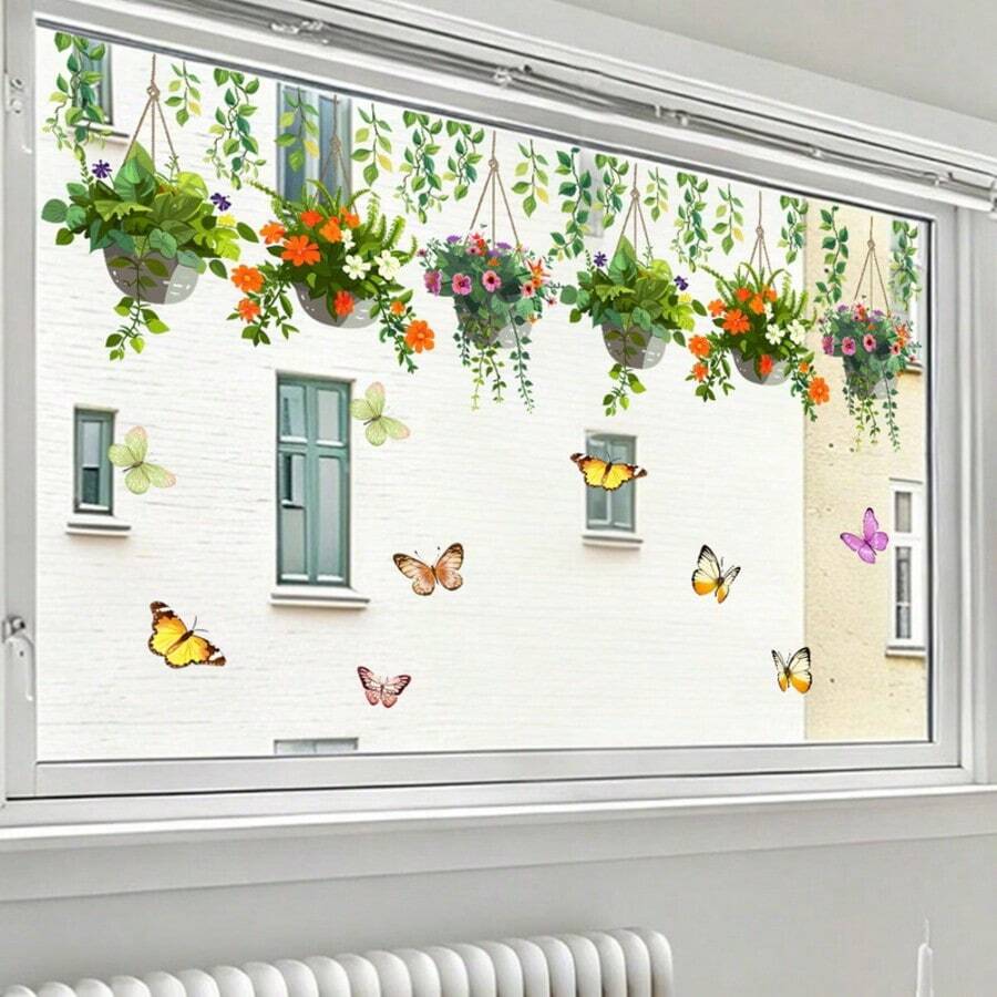 1pc Self-Adhesive Removable Window Cling, For Glass Doors, Windows - Colorful Hanging Basket With Flower & Butterfly Design, Self-Adhesive Removable PVC Sticlers, For Home Living Room Bedroom Kitchen Room Window Glass Decor, Flowers Design - A - View 1