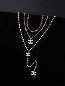 Set de 3 collares de mujer con múltiples capas, cadena de perlas falsas y colgante de cristal - Multicolor - Ver 4