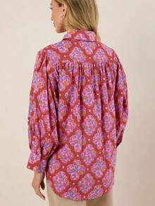 Paisley Swirl Print Button-Down Blouse - Silky Soft, Gathered Yoke, Puff Shoulder, Easy Tuck - Long Sleeve Women's Woven Top For Brunch Dates, Office Casual, Weekend Errands And Dinner Gatherings - Nhiều màu - Xem 3