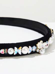 1pc New Solid Velvet Geometric Pattern Vintage Rhinestone Faux Pearl Flower Hairband, Suitable For Women To Wear At Banquets And Balls Travel Accessories - Black - View 3