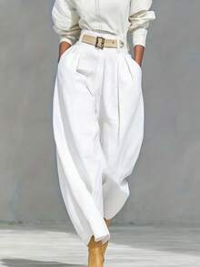 Women's Solid Color Zipper Pocket Pleated Casual Loose Pants (Belt Not Included) Spring White - White - View 9