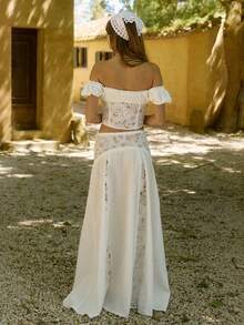 Women's White Lace Two-Piece Set, Ruched Crop Top  High-Waisted Maxi Skirt, Boho Sheer Cover-Up For Beach Vacation, Brunch, Y2K  Fashion - Màu be - Xem 2
