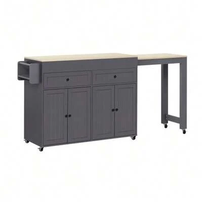 Kitchen Island With Wheels, Extendable Kitchen Island For Dining Room With Countertop And Drawers, Freestanding Mobile Kitchen Island, Ideal For Kitchen And Dining Room (Grey+Natural)