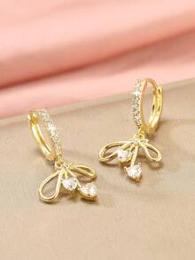 1 Pair Copper Zirconia Encrusted Cute Bow Pendant Earrings, Fashionable Versatile Gift For Women - Butterfly - View 4