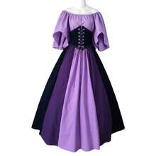 Retro European And American Medieval Slim Fit Color Block Dress With Flutter Sleeves, Large Flared Dress, Off-Shoulder Dress For Women, Cosplay Performance Costume - 紫色 - 查看 6