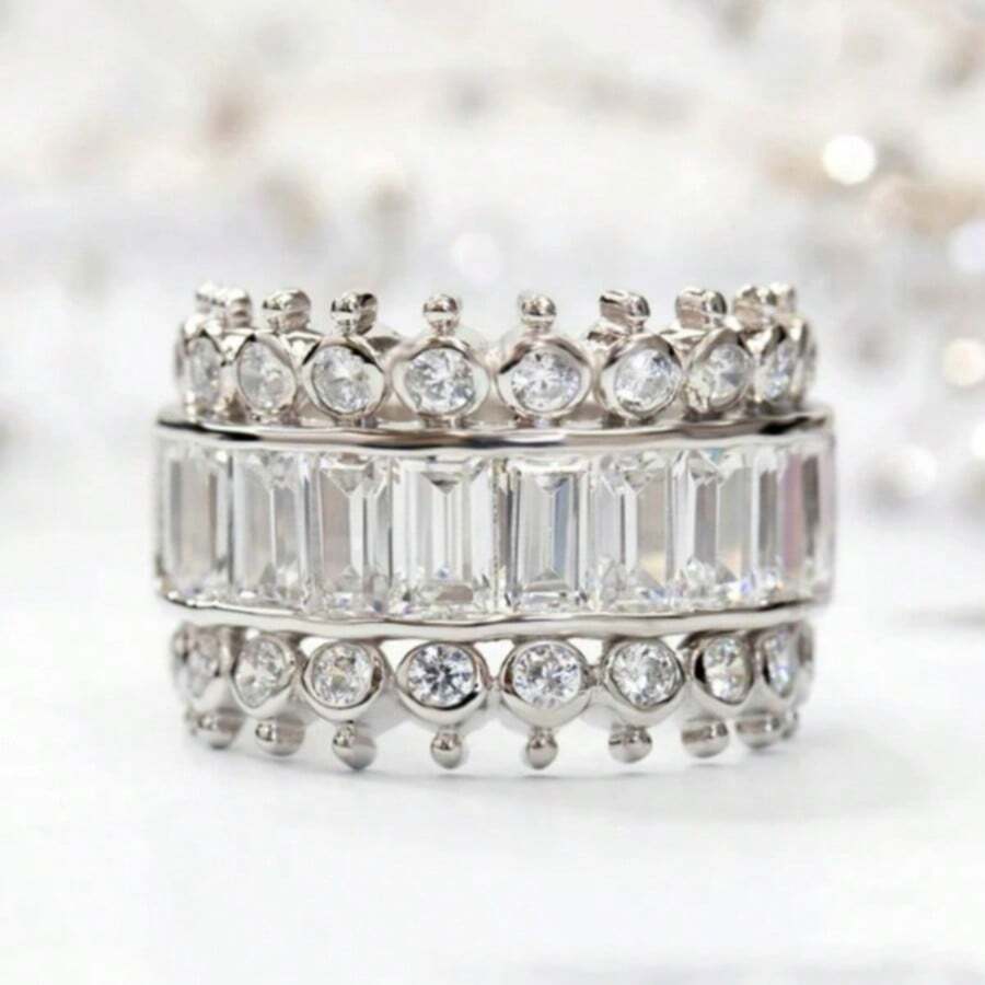 Luxury Fashion Multi-Row Synthetic Cubic Zirconia Wide Band Ring, Handmade Jewelry Suitable For Parties And Gatherings, Perfect Gift For Women - Silver - View 1