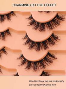7 Pairs 5D Faux Mink Cat Eye Lashes Transparent Band Reusable Natural Volume Dramatic False Eyelashes Daily Party Strip Lashes - Black - View 2
