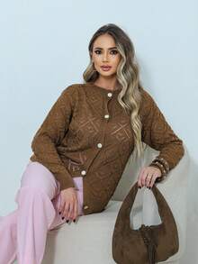 Cardigan Feminino Manga Longa Em Blusa Tricot Com Botoes Casaco Elegante Para Inverno E Uso Diario Blusa Feminina Cardigam Fino - Laranja Queimado - Visão 2