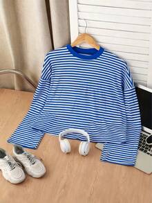 Plus Size Women's Striped Print Casual Long Sleeve T-Shirt, Spring/Autumn - Blue - View 2