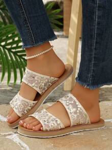 Ladies Floral Lace Sequin Flat SlidesTwo Strap Open Toe Bohemian Sandals,Comfortable Fashion Shoes For Beach,Pool & Streetwear - Beige - View 3