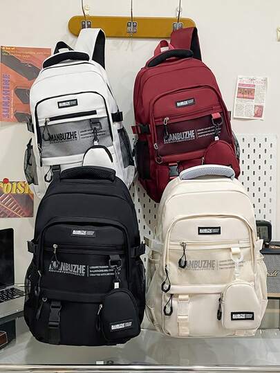 1pc Functional Backpack With Hanging Pouch, Large Capacity Dual-Shoulder Bag With Multiple Pockets For Storing Items Like Cups, Umbrellas, Tablets, Suitable For Students, Short Trips, Commuting, Outdoor Activities, Foldable And Spacious