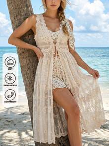 2026夏季女士波西米亚蕾丝刺绣长款无袖V领系带轻薄透视和服开衫沙滩度假外套，复活节和母亲节礼物 - 杏色 - 查看 3