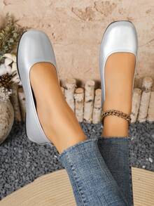 Women's Square Toe Flat Loafers, Soft Leather Soft Bottom Comfortable Lightweight Casual Slip-On Shoes, Versatile And Easy To Wear - Silver - View 5