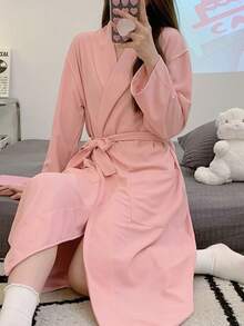 1pc Waffle Weave Solid Color Shawl Collar Bathrobe, Loungewear Robe, Soft Absorbent Cotton For Bathroom, Bedroom, Pool - White - View 11