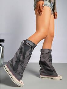 Women's Fashion Mid Calf Boots-Graffiti Print Canvas With Buckle Design-Round Toe-Breathable Lining- Distressed Sole-Versatile Stylish Footwear For Daily & Streetwear - 灰色 - 查看 6