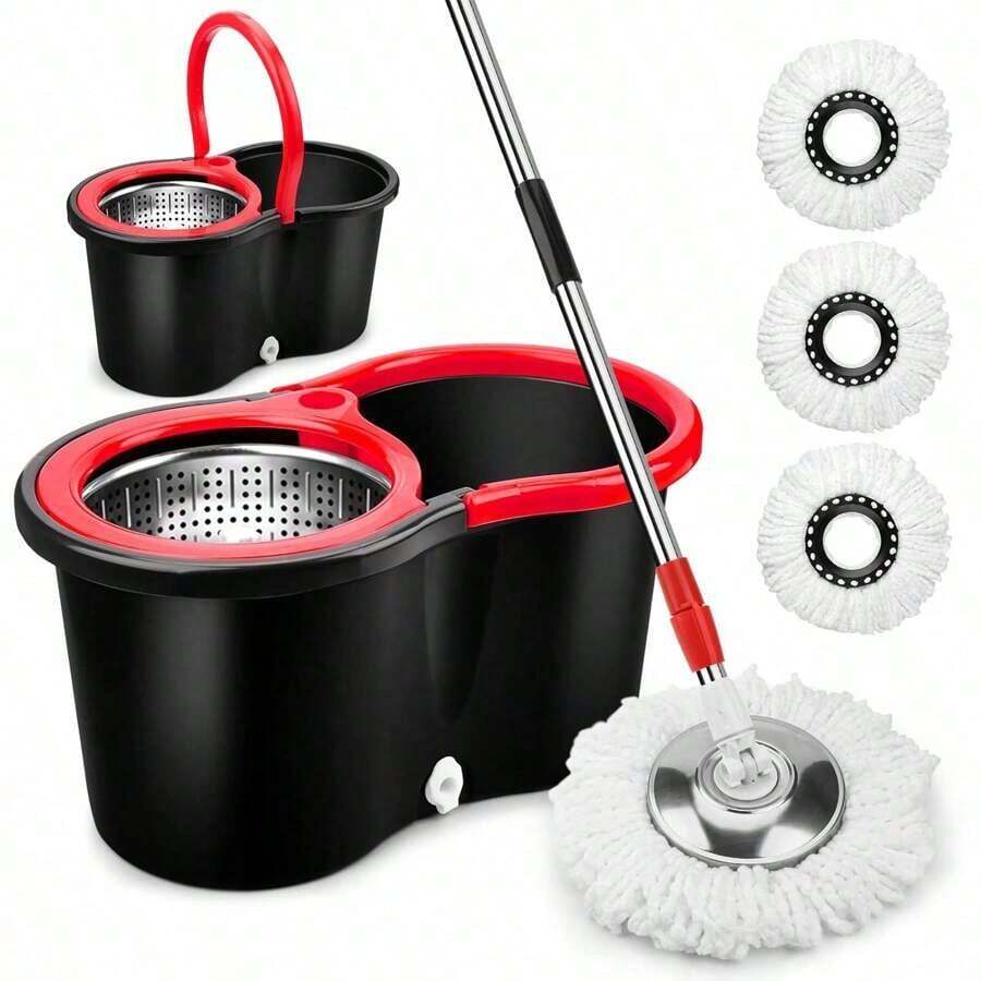 360° Rotating Spin Mop & Bucket With Wringer, Floor Cleaning System With Extended Long Handle, Equipped With Multiple Microfiber Mop Refills, Portable Household Cleaning Tool For Indoor Hard Floor Washing - 黑色的 - 查看 1