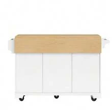 Kitchen Island, Cabinet, Sideboard 120 X 40 (80) X 95 Cm, Extendable Kitchen Trolley With Wheels, Extendable On Both Sides, With Towel Rack And Spice Rack, Two Doors, Three Drawers, Black And White. - White - View 10