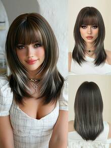 7JHH WIGS 摩卡棕色分层假发，女士款，18英寸优雅齐肩直发，带刘海，混合米色发丝，自然柔软，耐热蓬松，无胶合成纤维假发，适合日常佩戴，新手假发配件，母亲节礼物 - 挑染米色 - 查看 3