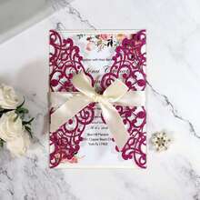 Paquete de 10 invitaciones de boda cortadas con láser, brillantes y en color plateado y dorado claro (incluye tarjetas en blanco, sobres y moños de cinta), tarjetas de invitación elegantes y de alta calidad para bodas y fiestas - Multicolor - Ver 45