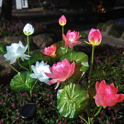 1pc Solar Powered Lotus Flower Ground Stake Light, Realistic Garden Lawn Lamp, Suitable For Yard, Patio, Lawn, Path And Holiday Party, Landscape Lighting