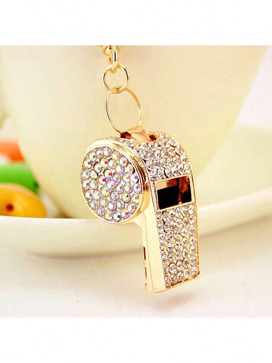 1pc Rhinestone Decorated Referee Whistle Keychain, Bag Charm, Pendant, Keyring, Sports Event Prize - Gold - View 1
