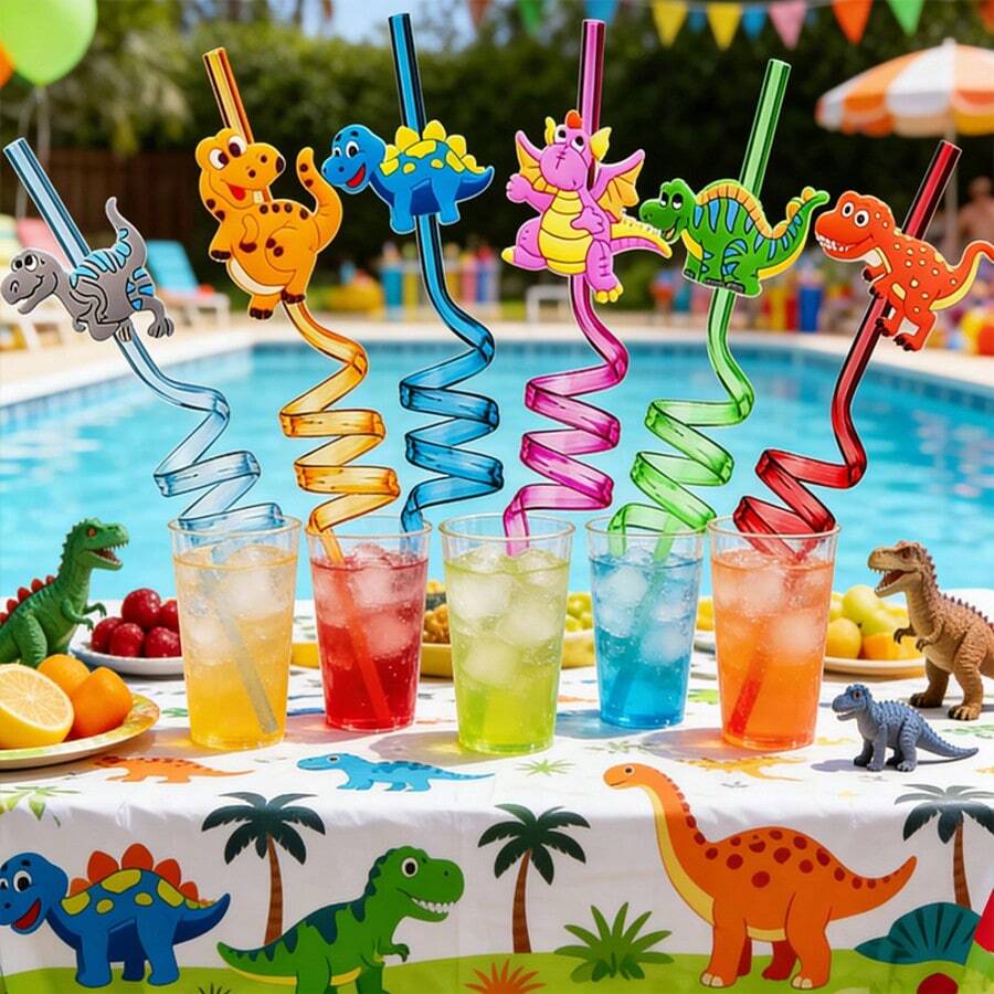 8pcs Dinosaur Cartoon PET Reusable Straws, Party Decorations & Favors - Straw - View 1