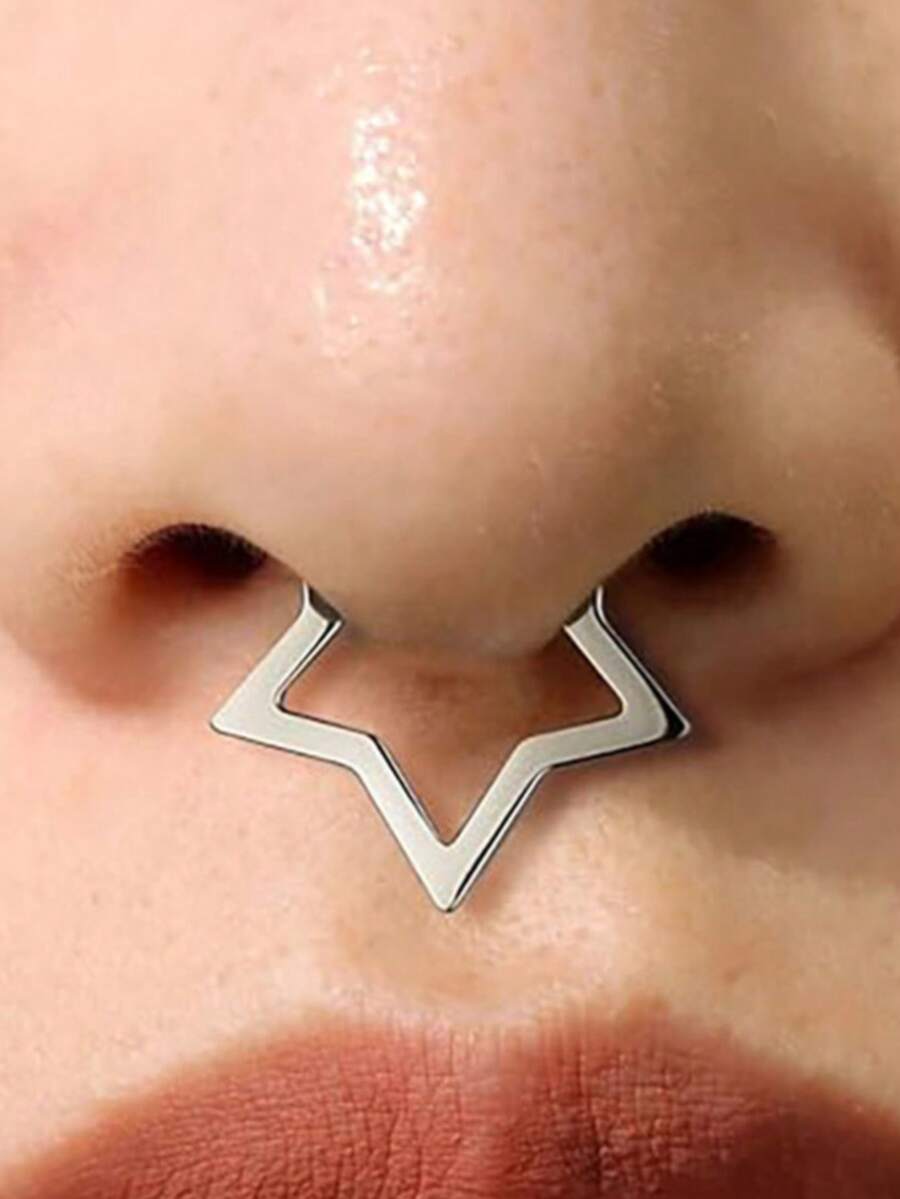 VJS 1 chiếc khuyên mũi 16G, khuyên mũi kẹp hình ngôi sao vàng, khuyên sụn tai, trang sức xỏ mũi dạng dây xích gai, màu bạc unisex - Khuyên mũi hình ngôi sao năm cánh - Xem 1