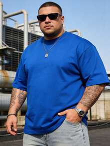 1XL-6XL，100kg-200kg 男士大尺碼休閒圓領短袖T恤 夏季款 - 藍色 - 查看 2