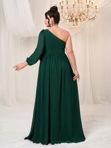 YISIKADO Plus Size Lettuce Trim One Shoulder Chiffon Dress Elegant Wedding Guest Bridesmaid Birthday Prom Party Graduation Formal Evening Dinner Ceremony - Dark Green - View 2