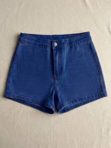 Women's Basic Mid-Waist Skinny Denim Shorts, Slim Fit Minimalist Hotpants - Dark Wash - View 5