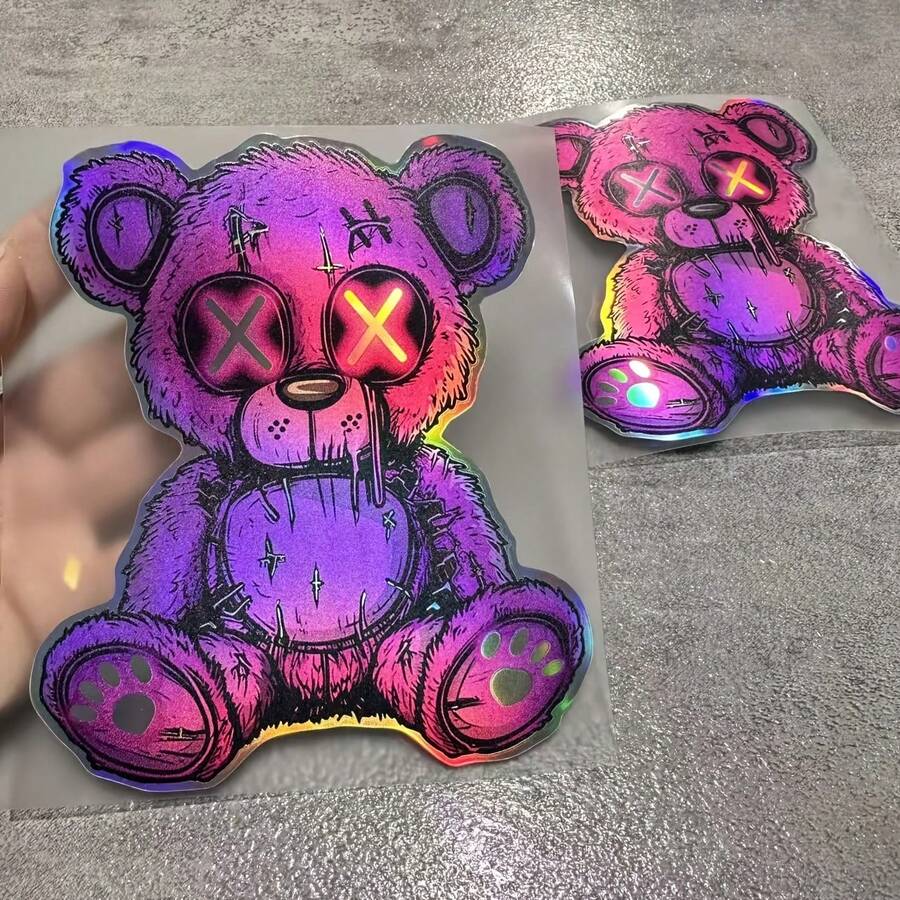 1张全息卡通熊霓虹乙烯基贴纸 | 不对称形状，自粘式，适用于笔记本电脑和水瓶，防水耐用，防刮擦。 - A - 查看 1