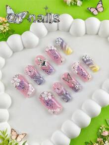 10 miếng dán móng tay hình vuông, cỡ trung bình, kiểu dáng dễ thương, có thể tháo rời, phù hợp cho tiệc tùng, khiêu vũ, sử dụng hàng ngày, tiệc sinh viên, hóa trang nhân viên văn phòng, kèm keo và dũa móng tay. - Hồng - Xem 2