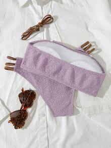 Lavender Crinkle Texture Strapless High Waist Bikini Set, Fashionable Aesthetic Vacation Style Beach - Mauve Purple - View 4