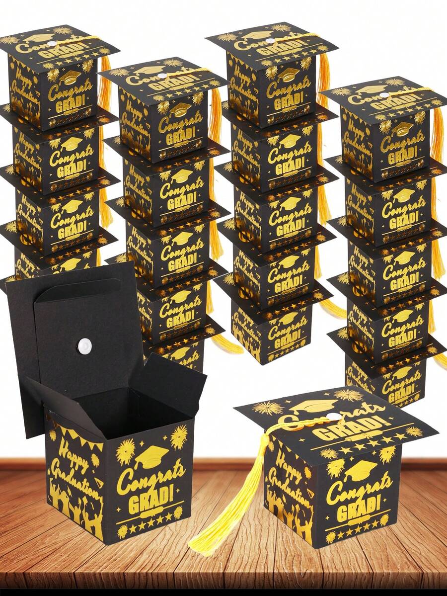 10pcs/1pc Graduation Cap Candy Box, Graduation Party Supplies 2026, Graduation Gift Candy Box Suitable For Graduation Party - Black and Gold Version With Yellow Tassels - View 1