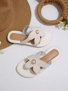 1双儿童时尚套脚凉鞋，夏季平底花朵凉鞋，高颜值女童沙滩鞋 - 白色 - 查看 2