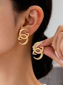 1 Đôi bông tai chữ cái hình học thanh lịch, bông tai chữ G kép, thích hợp để đeo hàng ngày. - Vàng - Xem 2