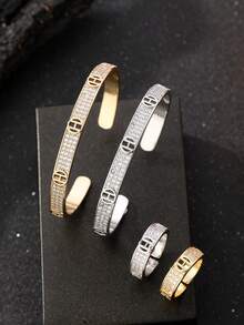 1 set Bracelet et bague pour femmes à la mode et élégant avec zircone cubique, bracelet et bague plaqués or, bracelet et bague plaqués argent, options de double couleur, convient pour un port quotidien, cadeau idéal, plats du Ramadan, cadeaux de l'Aïd el-Fitr et de l'Aïd el-Adha - H - Voir 4
