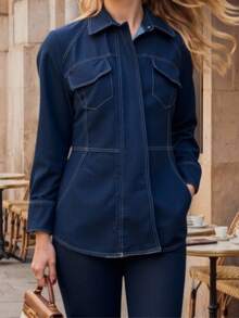 Women's Dark Washed Contrast Stitch Tailored Elegant Denim Shirt & Flared Jeans Set - Dark Wash - View 4