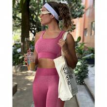 OLCHEE Womens Workout Sets 2 Piece Seamless Square Neck Sports Bra Padded Butt Lifting Leggings High Waist Yoga Gym Outfits - 蘭花紫 - 查看 3