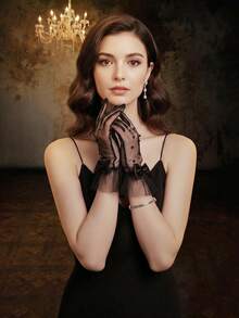 1 双黑色哥特式珍珠薄纱手套，派对/婚礼哥特风格新娘礼服配饰 - 彩色 - 查看 3