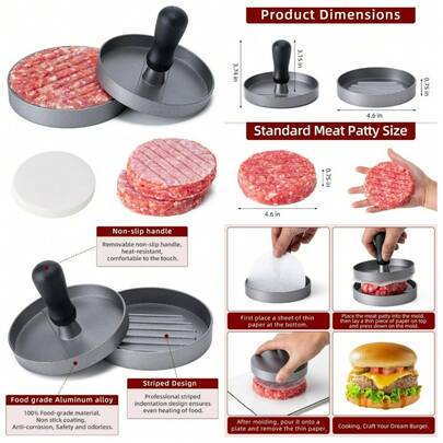 Hamburger Patty Maker Non-Stick 4.6 Inch Round Press With 100 Wax Papers For Beef Cheese Veggie BBQ Kitchen Cooking