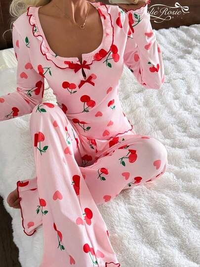 2pcs Women Casual Cherry Print Ruffle Trim Long Sleeve Square Neck Loungewear Set, Autumn