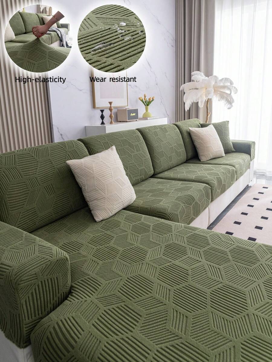 1 pieza Funda de sofá a rayas de unicolor, funda de cojín de asiento de sofá minimalista moderna, para uso en todas las estaciones, fija antideslizante y antipolvo, alta elasticidad, resistente al desgaste y a las arrugas, cómoda, lavable a máquina, antiperchado, no deformable, no destiñe, antirasguños de gato, antimancha, renovación de sofá, decoración de sofá, mejora del ambiente, se ajusta a sofás de 1-4 plazas, sofá en forma de L - Verde - Ver 1