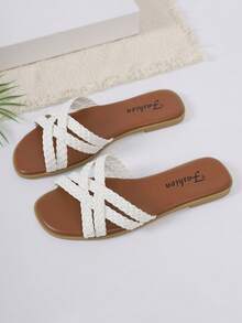 夏季编织交叉拖鞋，时尚休闲平底露趾沙滩拖鞋 - 白色 - 查看 6